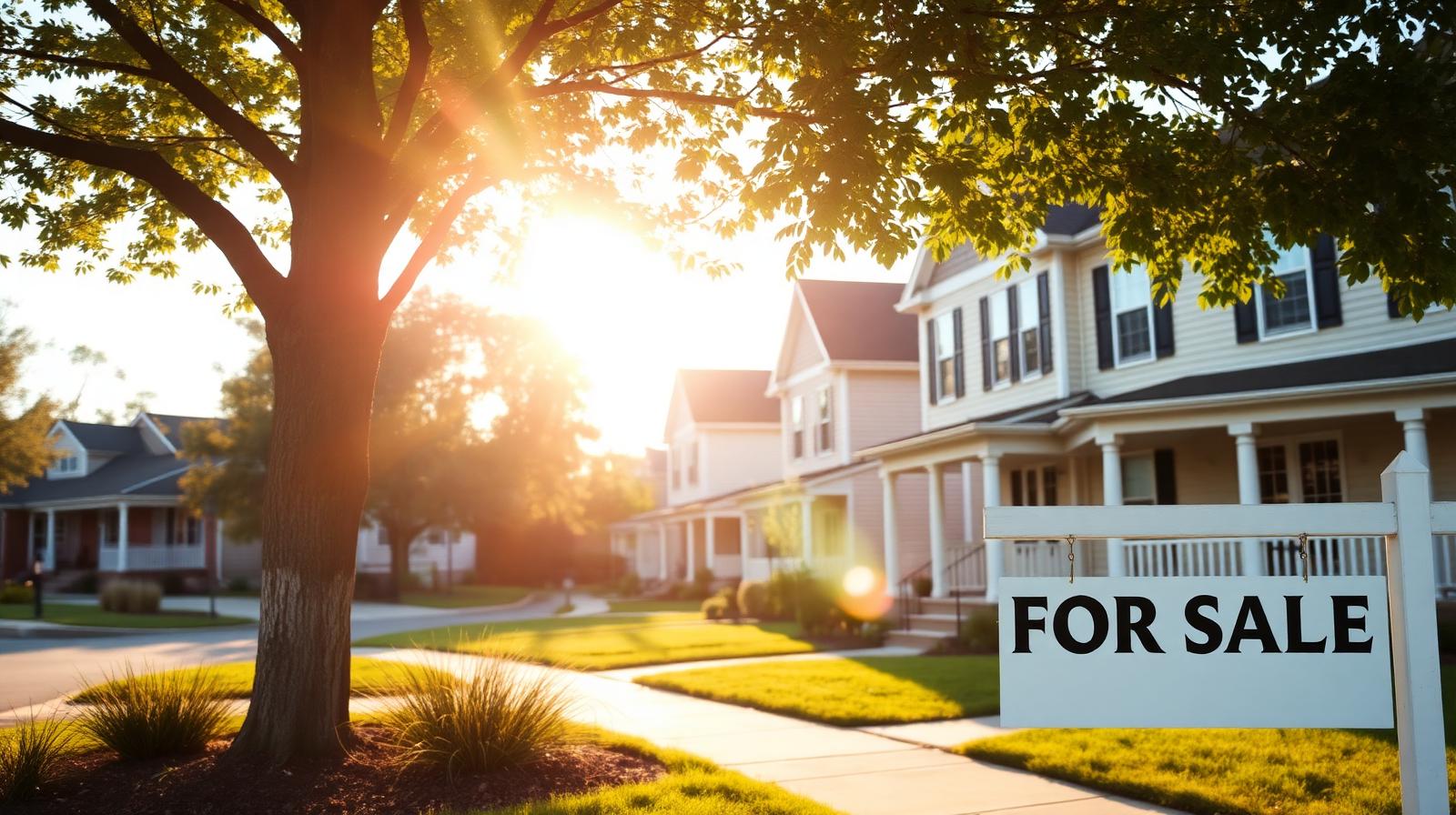 Sunlit Maryland neighborhood with colonial-style homes and a for-sale sign at golden hour