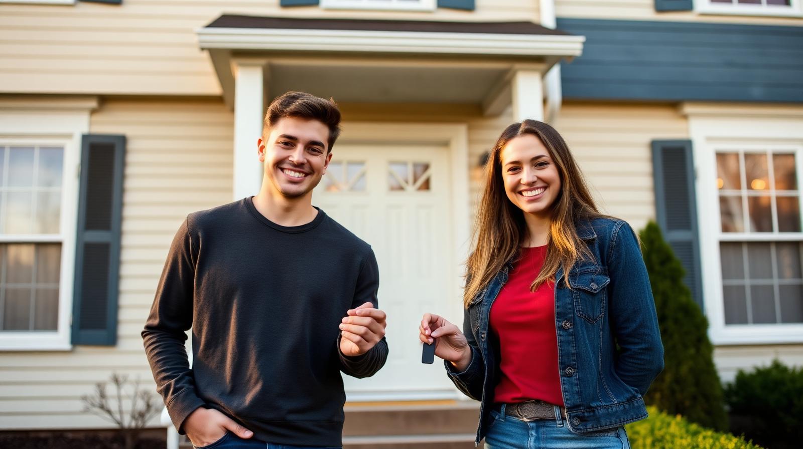 Young first-time homebuyer couple smiling in front of their new Maryland home at golden hour