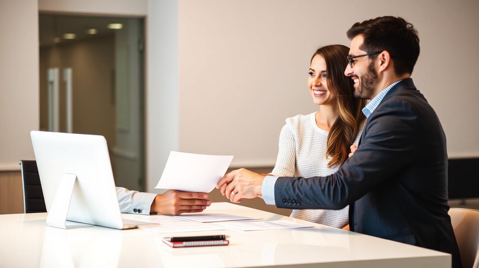 Loan officer shaking hands with a smiling couple across a bright modern desk