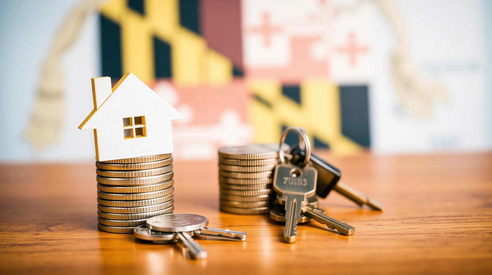 Stack of coins topped with a small house figurine and keys, with Maryland state flag in the background